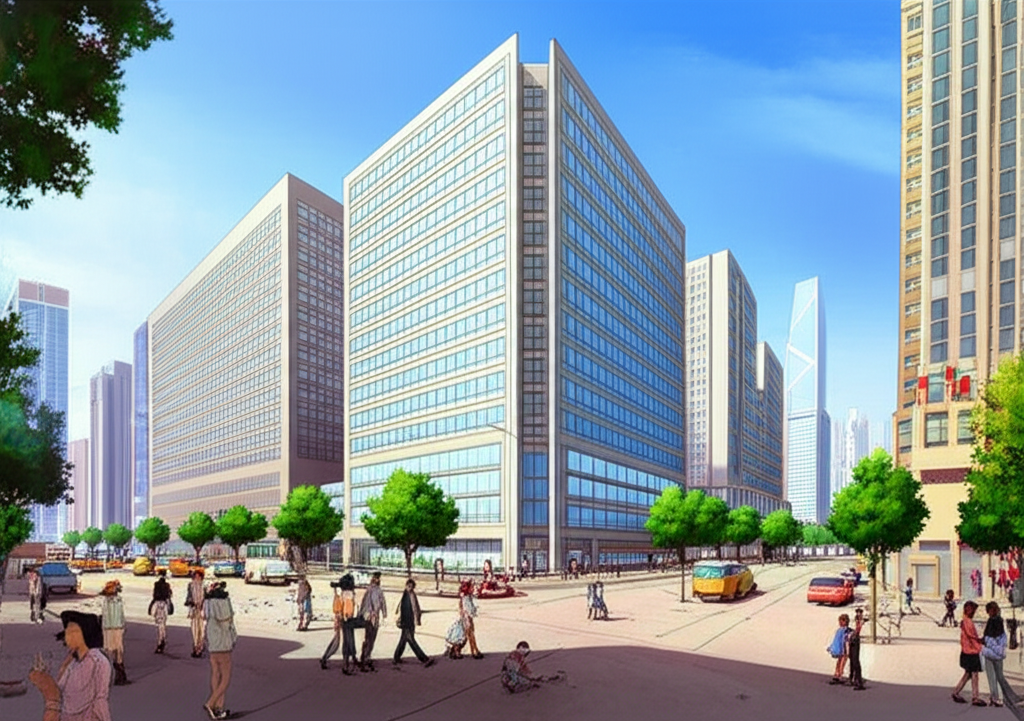 Mega Trade Centre MG Tower 插圖，現代高層商業大樓，鄰近地鐵站，展示通勤人群與繁忙街頭商店餐廳