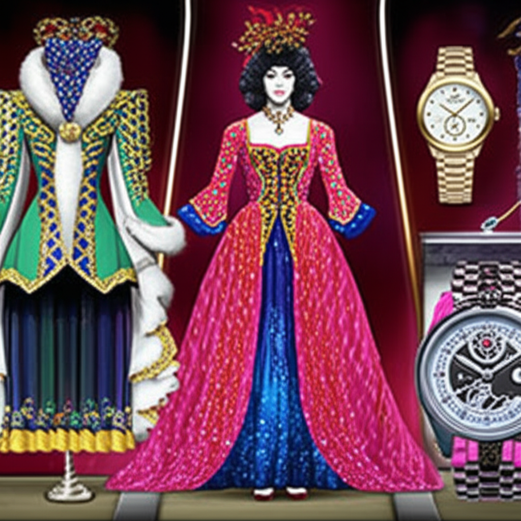 三種獨特物件展示：華麗服裝、光滑昂貴手錶和精細設計的小工具，每件都散發超出常規的奢華感，在優雅環境中