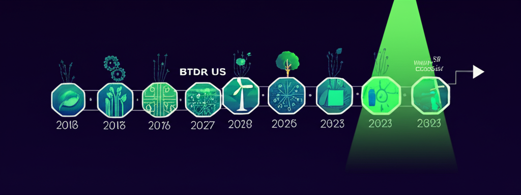 Bitdeer 成長時間線，從 2018 年至 2023 年納斯達克上市，融入技術創新與清潔能源元素