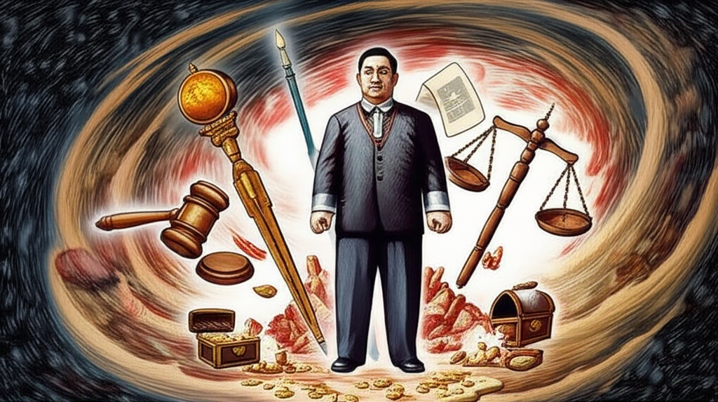 劉鐵球在鴻源風暴中的形象插畫，象徵財富、權力與道德的交織
