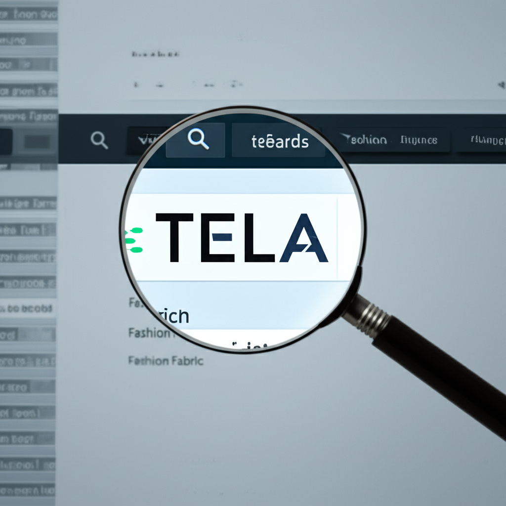 TELA 生物科技公司標誌與股票代碼，透過放大鏡釐清其在搜尋結果中的獨特身份，如時尚布料與金融領域