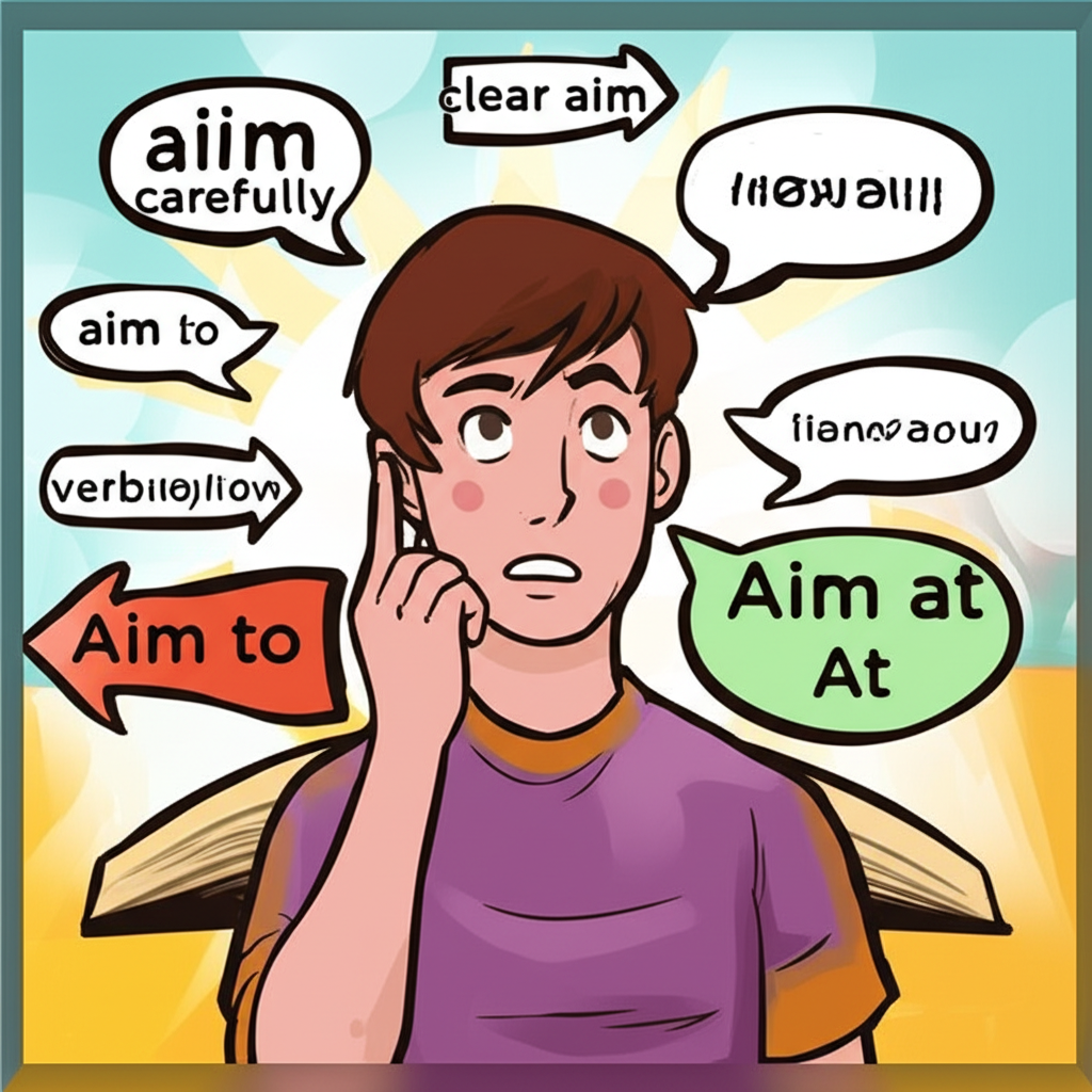 插圖展示一個人困惑地看著兩支箭，分別標示 aim to 和 aim at，周圍有代表動詞與名詞用法的對話氣泡，背景為一本綜合指南書，風格明亮具教育性