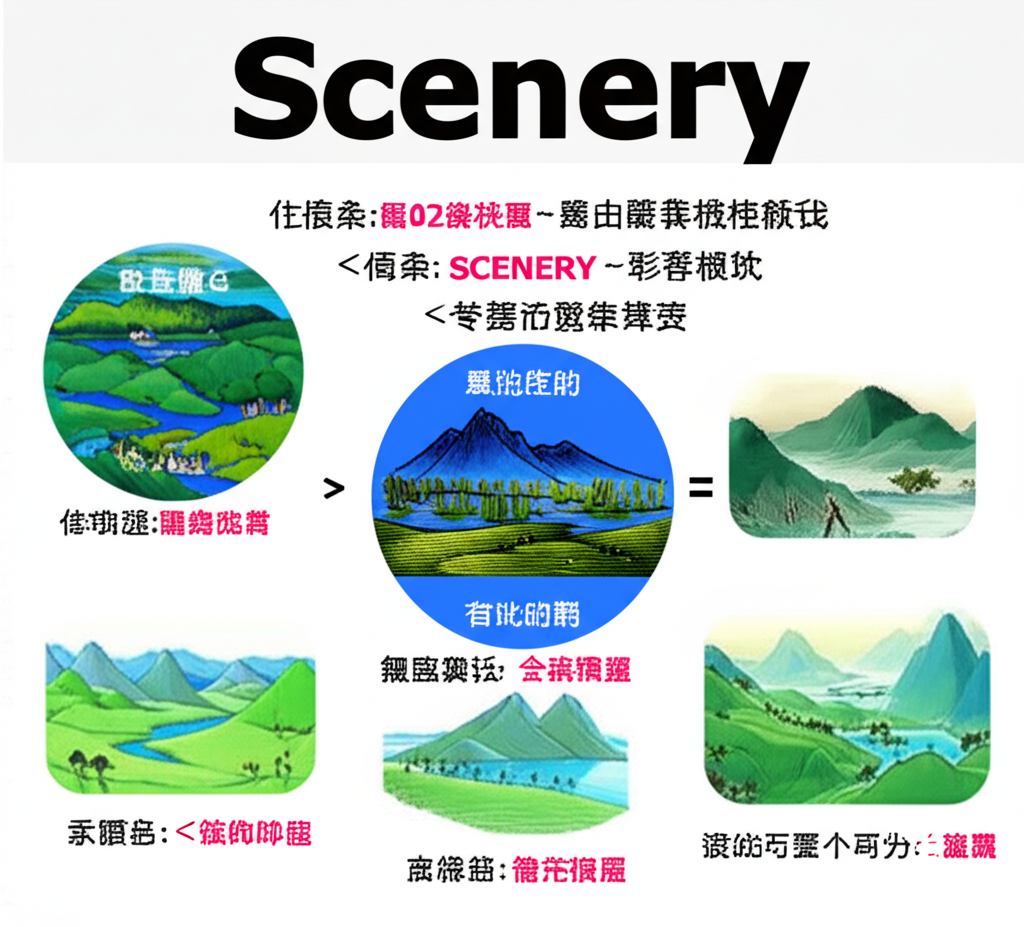 插畫展示英語單字scenery在中文翻譯與語法中的應用，探討常見混淆與差異