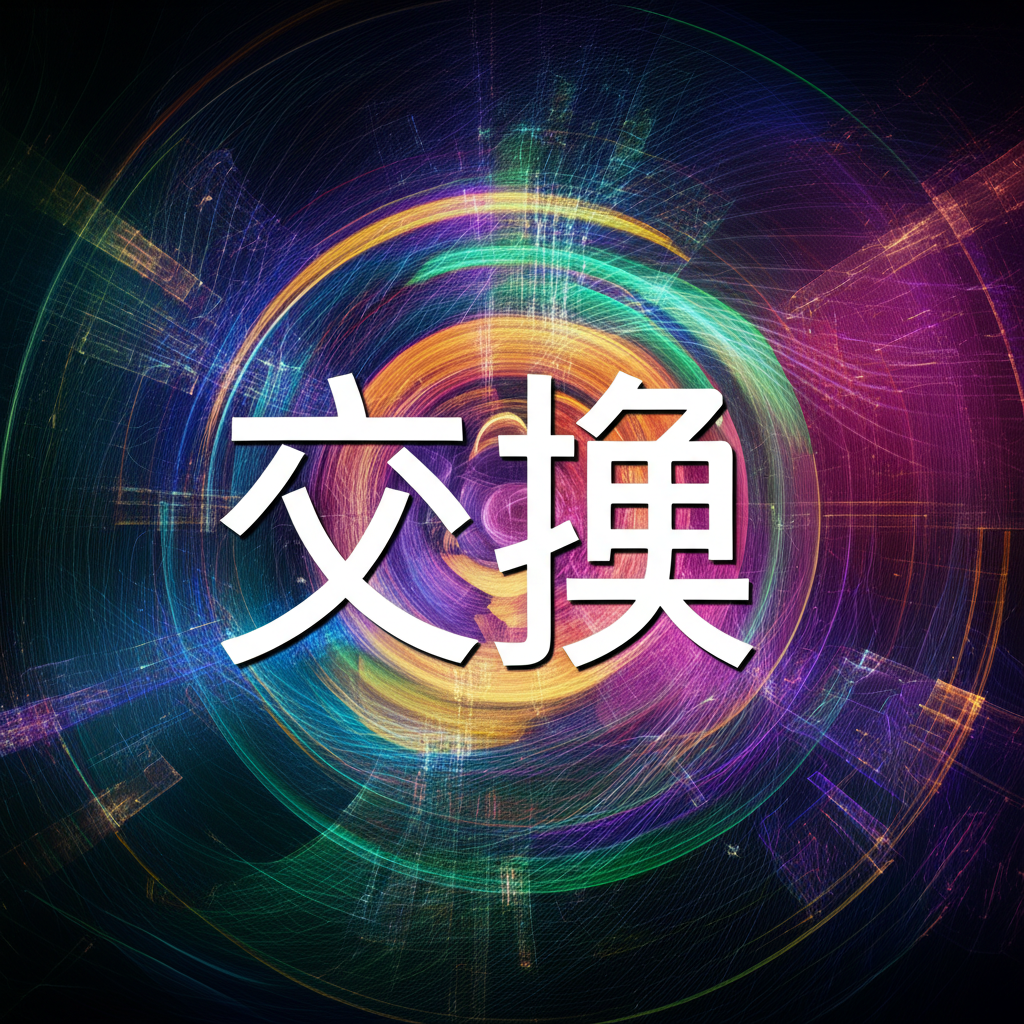 插圖描繪金融、科技與人際互動等抽象概念圍繞著中文「交換」二字交織,象徵其在日常生活與知識領域中的豐富多元意涵