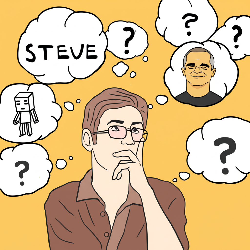 一位好奇的人思考英文名字Steve的中文翻譯、正確發音以及有趣文化故事，周圍環繞著思想泡泡，顯示方塊角色、科技創辦人以及問號