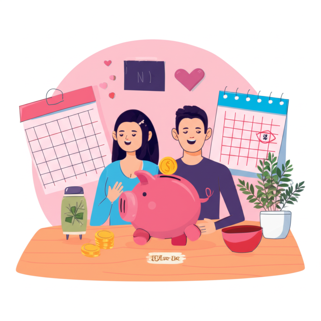 一對幸福伴侶正在規劃婚禮，身旁有撲滿與日曆，象徵對人生大事與未來生活的財務規劃