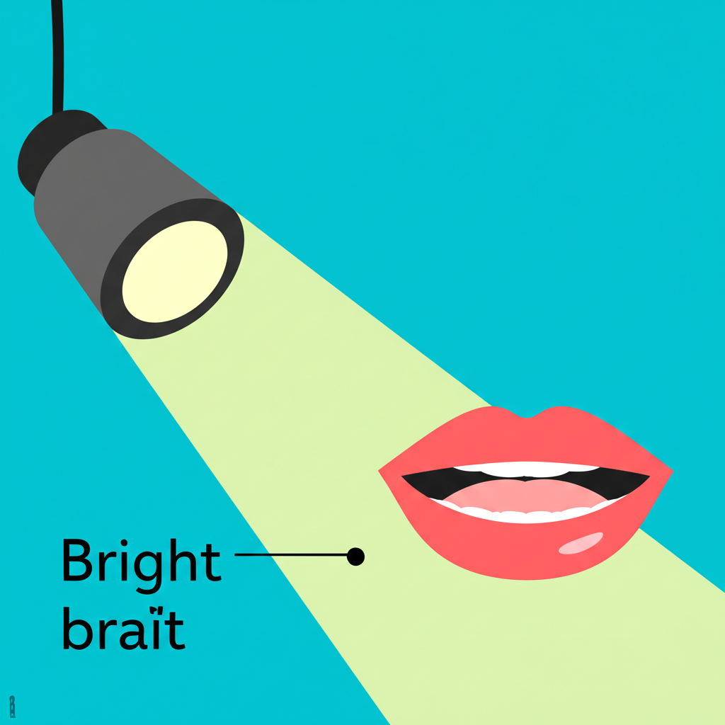 聚光燈照亮bright單詞及其IPA發音braɪt的插圖，伴隨著正確發音的嘴部示意圖