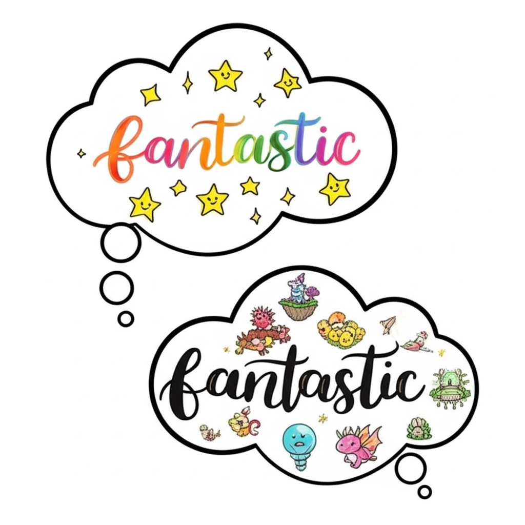 illustration two distinct thought bubbles showing the word fantastic one bubble with bright stars and happy faces representing excellent the other with whimsical creatures and mystical landscapes representing fantastical