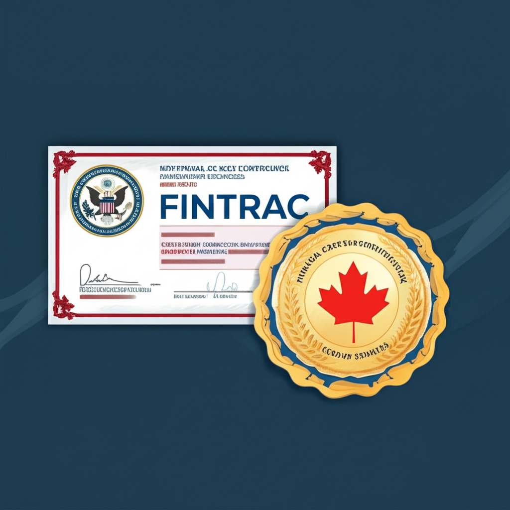 BTCC獲得美國FinCEN和加拿大FINTRAC MSB牌照的插圖，象徵嚴格的AML、CFT和KYC合規，代表可信的全球金融服務