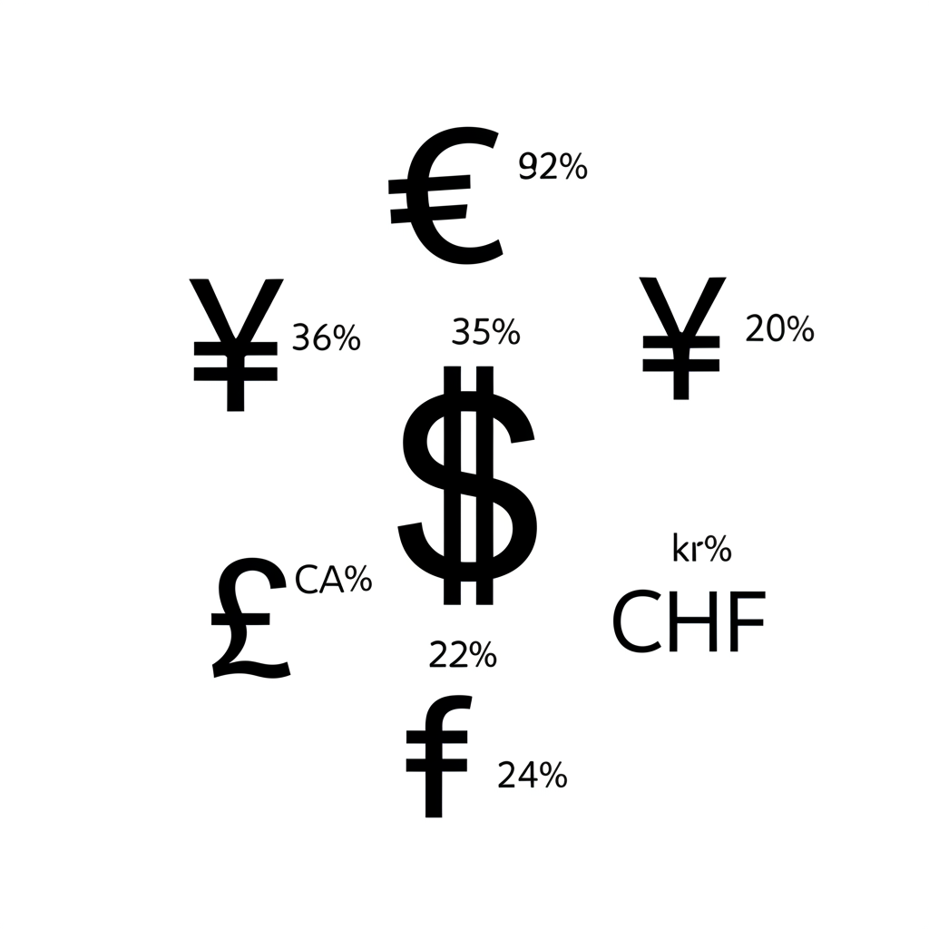 六種貨幣符號環繞中央美元，標示歐元、日圓、英鎊等權重百分比，代表美元指數的組成結構