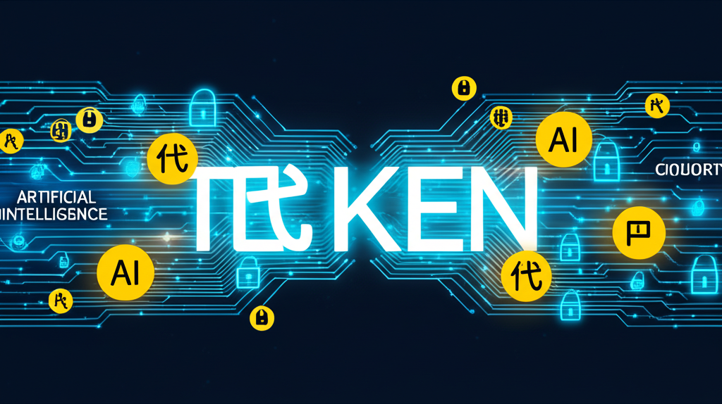 Token 在人工智慧、區塊鏈與資訊安全領域的數位網絡插圖，展示多重含義的連結