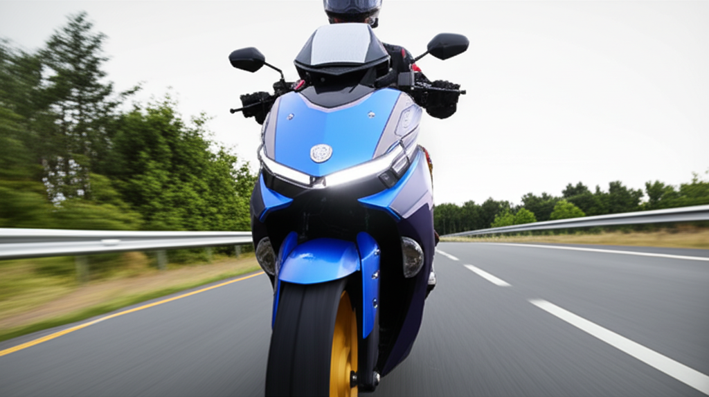 An illustration of a rider experiencing the Yamaha Augur 155's powerful 155cc liquid-cooled Blue Core engine with smooth acceleration and stable power output transitioning between standard and sport riding modes on an open road demonstrating balanced performance and practicality