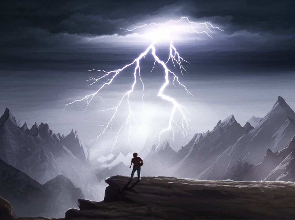 a powerful thunderclap in the mountains with a person observing the distant rumble showcasing thunder as a noun both countable and uncountable