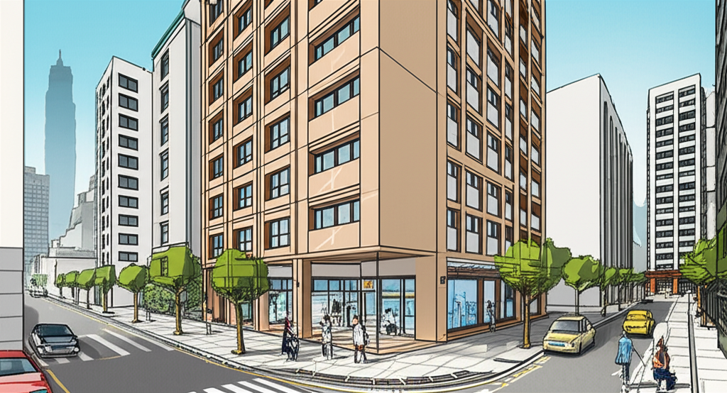 微笑歐洲現代住宅大樓在台北市熱鬧環境中的插圖，展示其作為親民地上權住宅項目的獨特吸引力，吸引多元居民