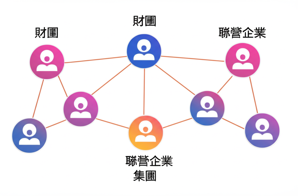 插畫風格，四個中文標籤「財團」、「聯盟」、「聯營企業」、「集團」懸浮於一組獨立法律實體之上，實體間由發光線條連接，象徵合約與共通治理結構