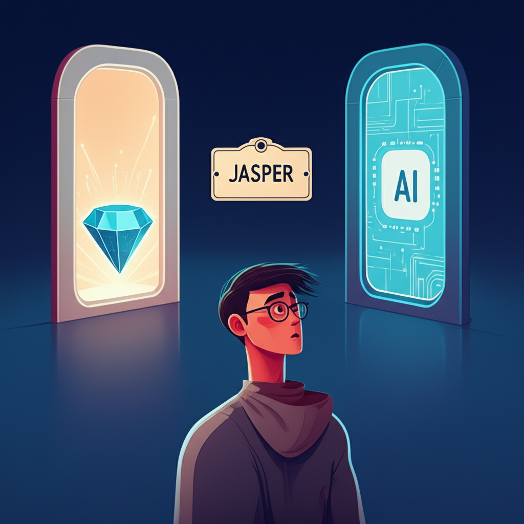 Jasper 多重面貌的探索插圖,展示好奇人物面對寶石、名字標籤與 AI 介面的三個入口