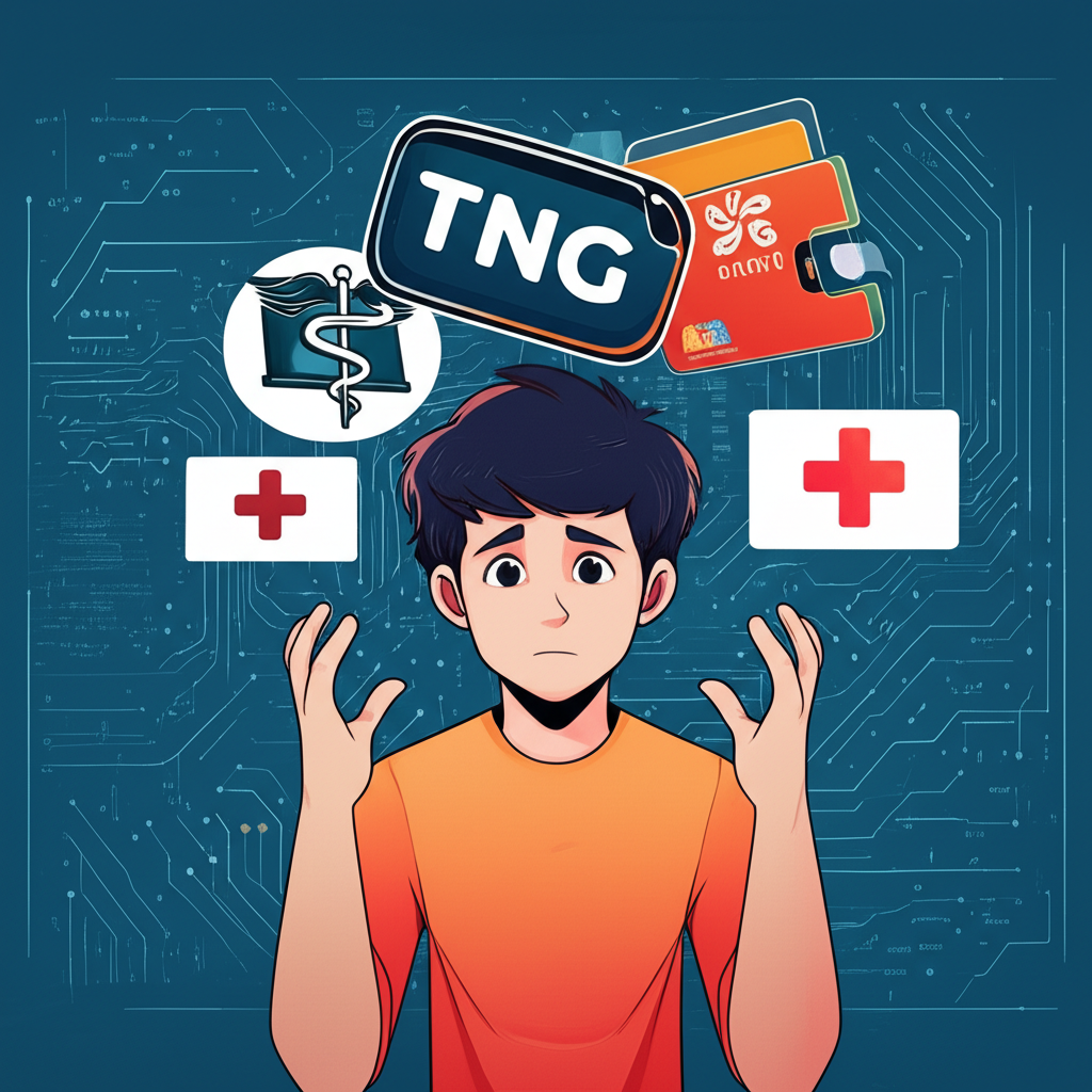 TNG多重含義的困惑插圖，包含香港TNG Wallet、馬來西亞Touch 'n Go及醫學符號在數位金融背景中環繞