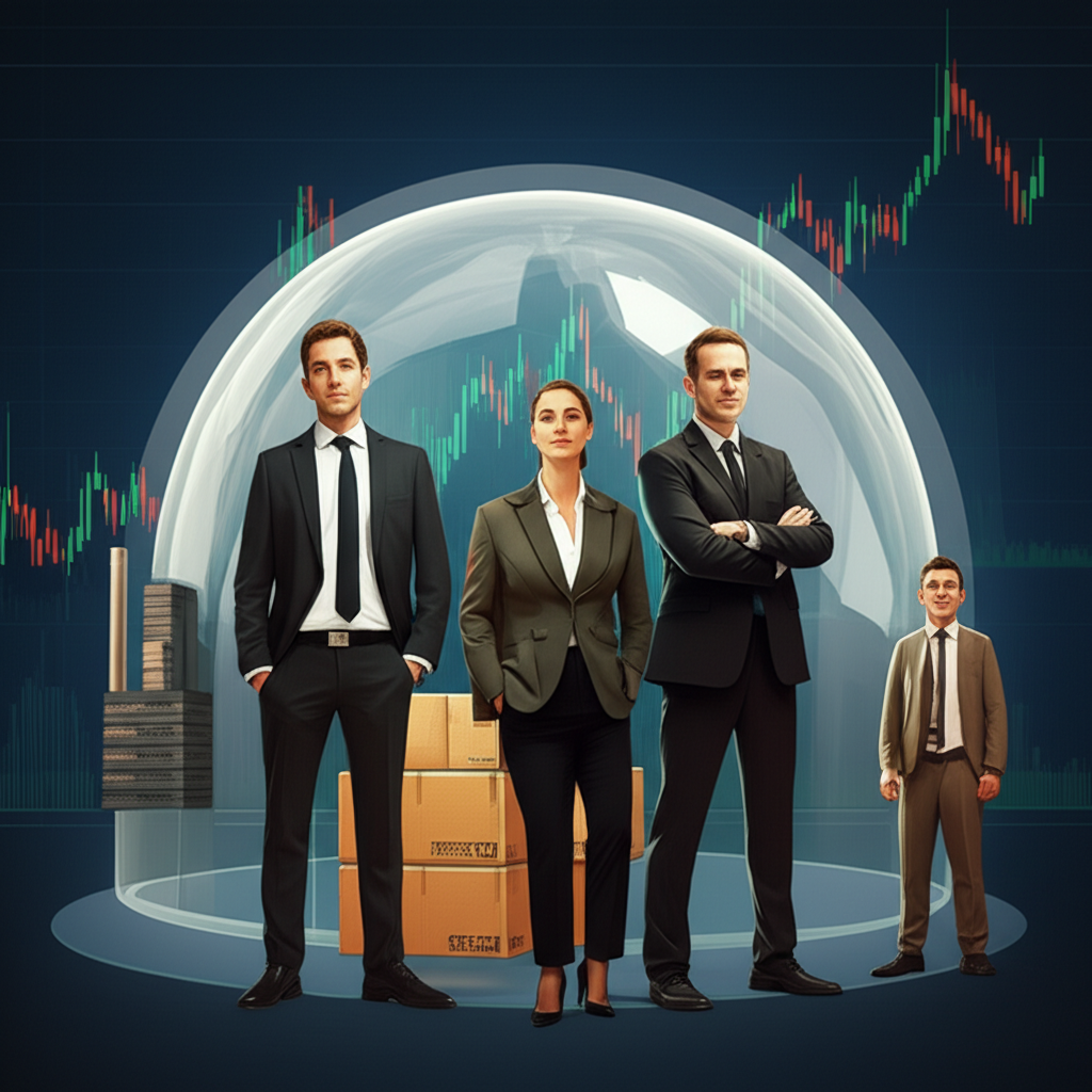 進口商、跨國企業與個人投資者在波動的匯率背景下，資產受透明保護罩守護的示意圖