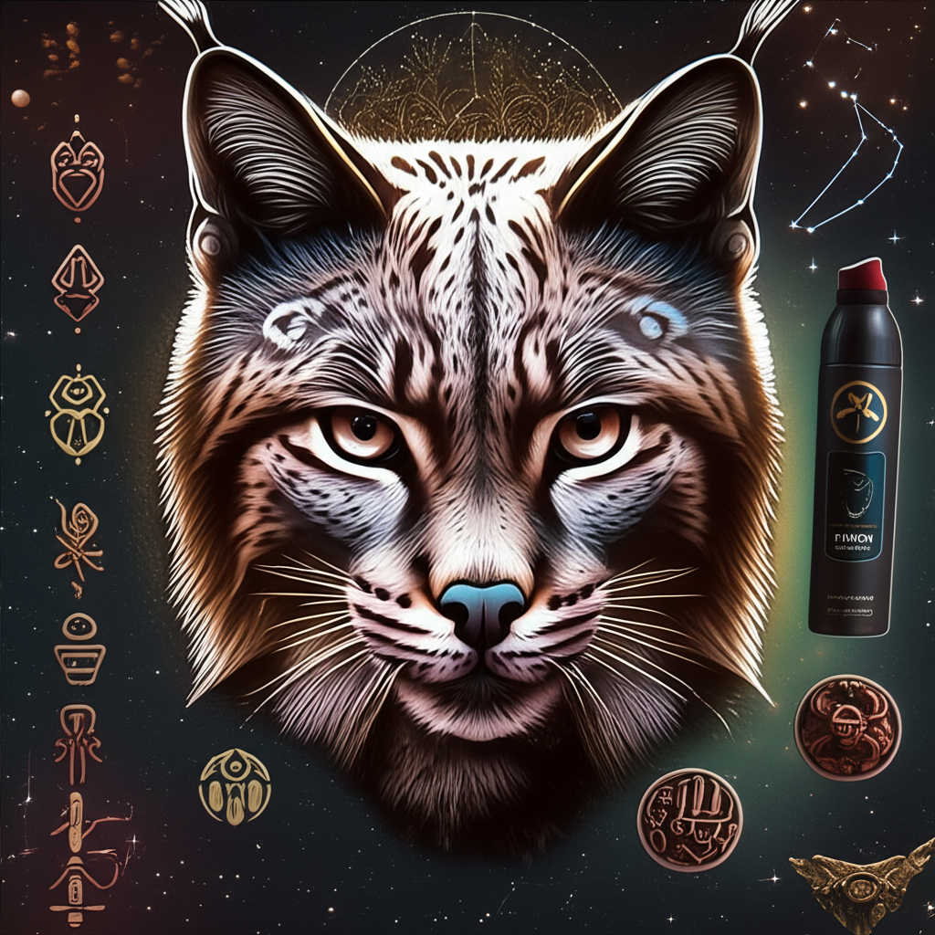 一幅描繪神秘猞猁的插圖,周圍環繞香體噴霧、星座圖案和古老文化符號,象徵Lynx在中文中的多元含義