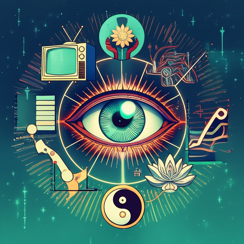 天眼的多重定義插圖，融合電視螢幕、數據圖表與靈性符號，展現文化與科技的多元意涵