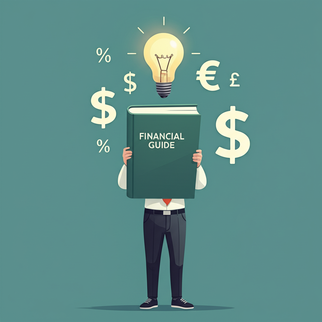 一位自信的人手持標題為Financial Guide的書籍，頭頂發光的燈泡，周圍環繞金融符號