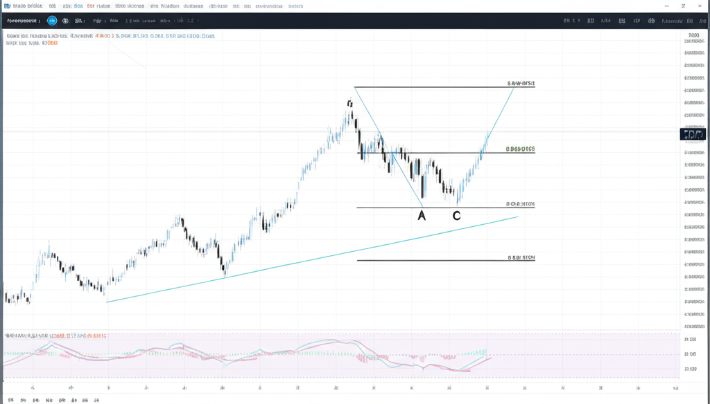 TradingView平台介面示意圖，展示如何在上升趨勢股票圖表上繪製斐波那契擴展工具的三點A、B、C及預測擴展水平