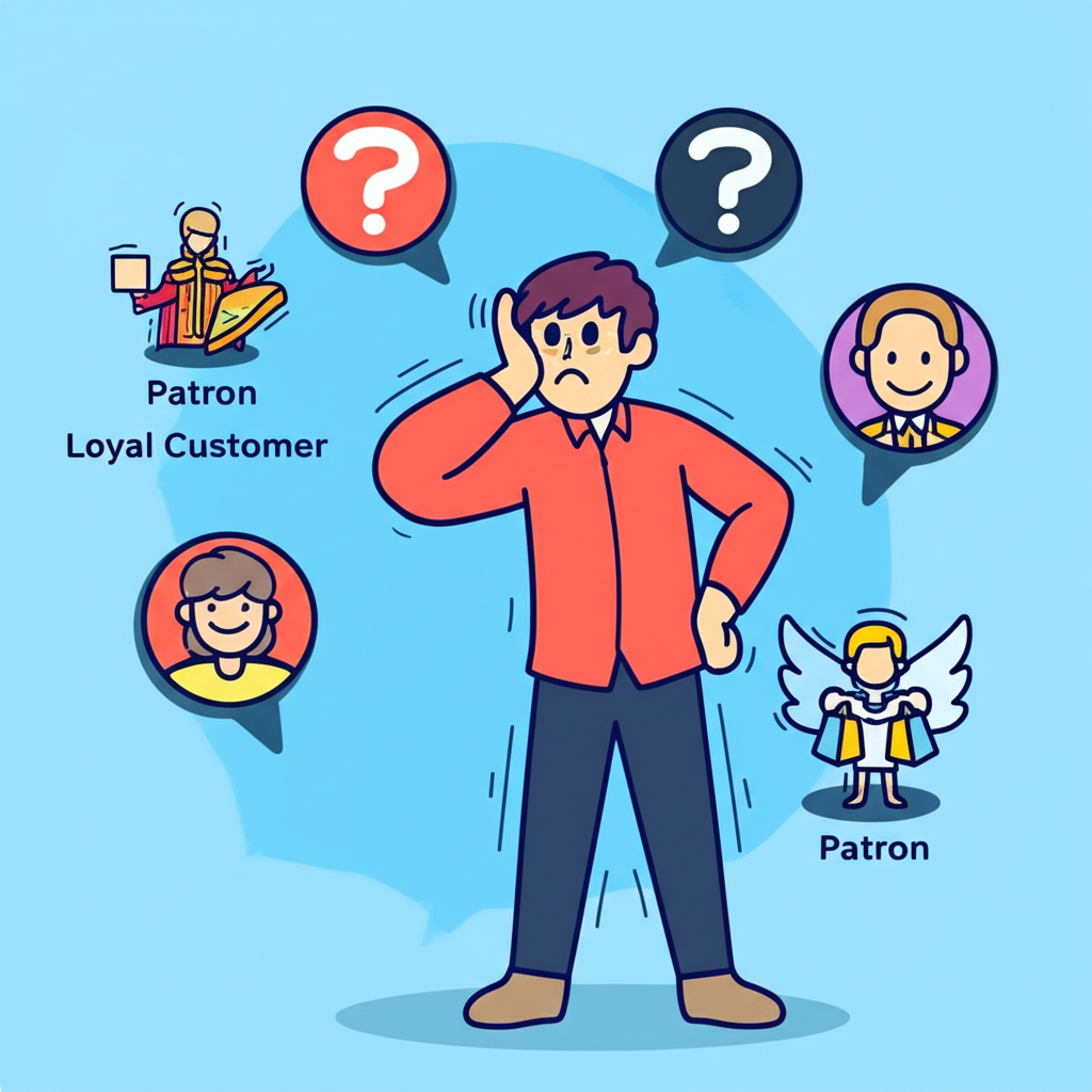 Patron 多重含義的困惑插圖：一位困惑的人被藝術贊助人、忠實顧客和守護神圖標包圍