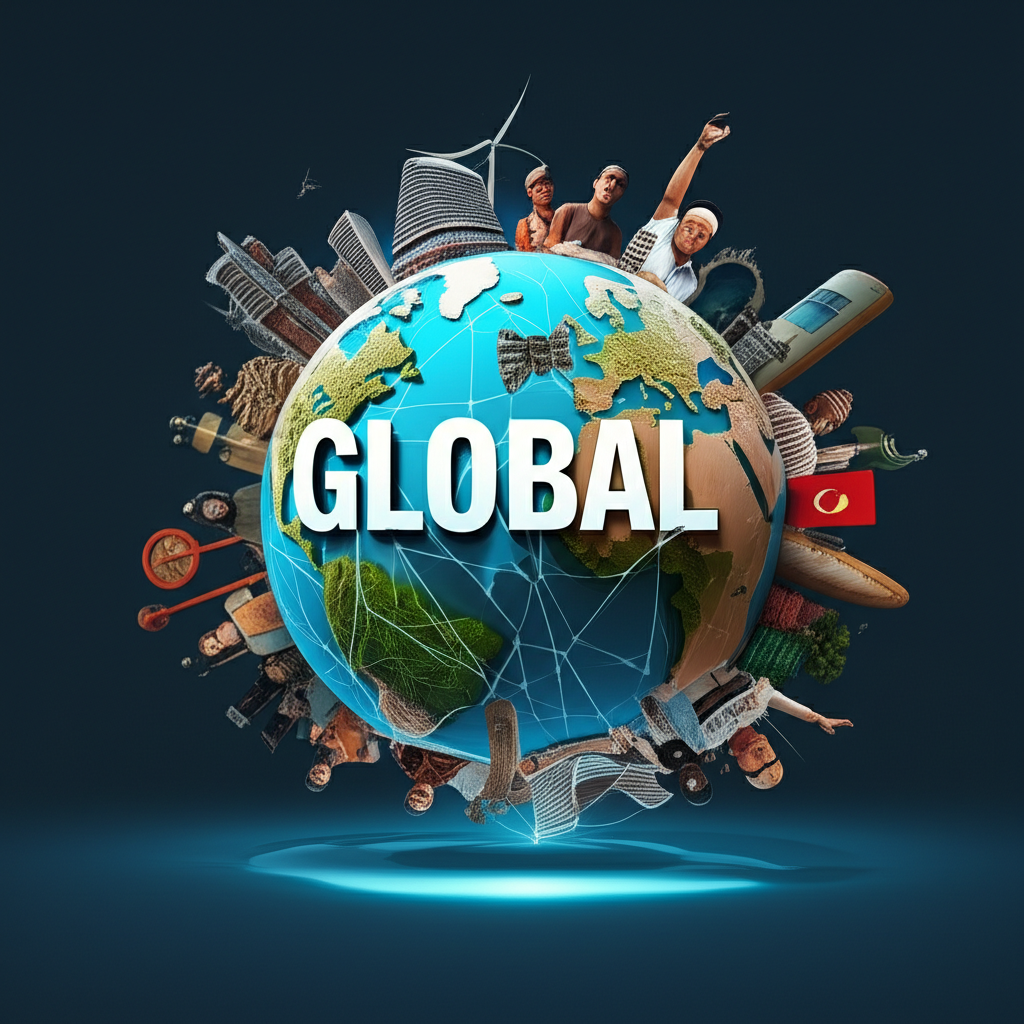 高度互聯的全球世界插圖,展現多元文化與科技連結,強調理解「global」中文意義的重要性