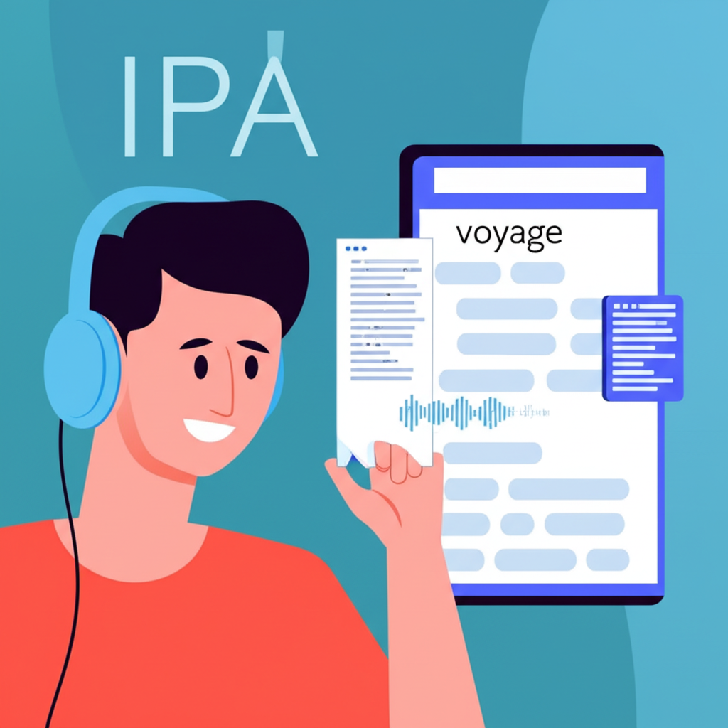 一人透過耳機聆聽發音，空中浮現IPA符號，螢幕顯示voyage詞條與讀音介面