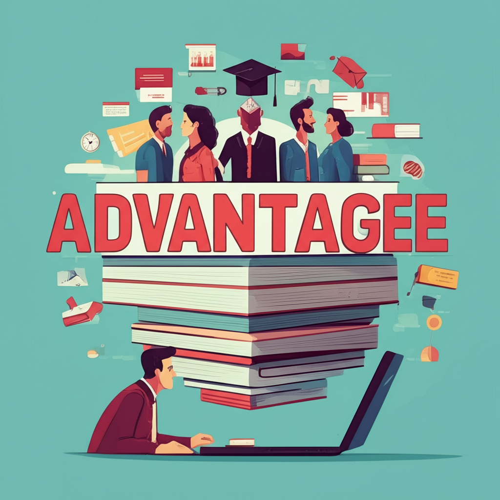 一位學習英語的人注視著advantage一詞，周圍展開多層意義，象徵其在日常、商業和學術領域的豐富語義層次與多樣用法
