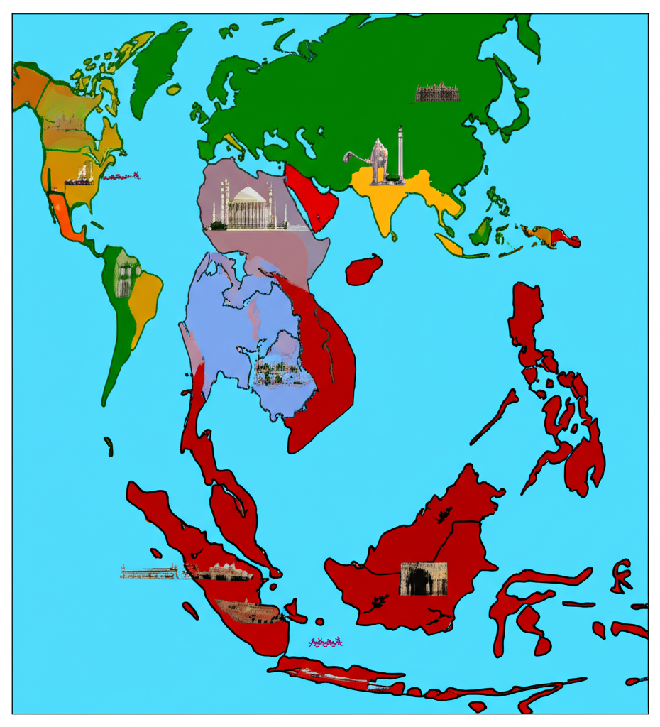 蘇丹國歷史與當代地區世界地圖插圖，標註中東到東南亞的關鍵區域與文化符號