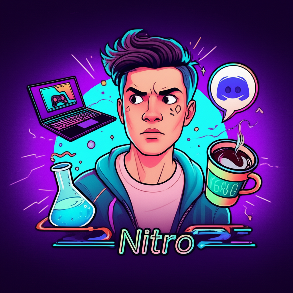 一名困惑的人被代表 Discord、電競筆電、化學燒杯與咖啡杯的圖示包圍，「Nitro」一詞將這些元素連結在一起的生動插畫