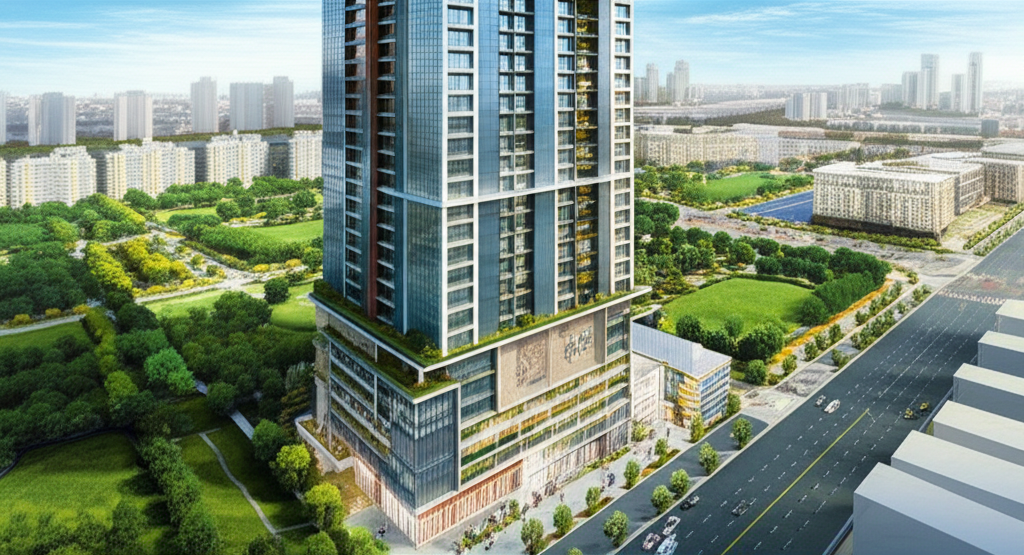 illustration of a modern high-rise residential building in Kaohsiung Taiwan with the name Liyang TOP ONE prominently displayed surrounded by green parks and city amenities