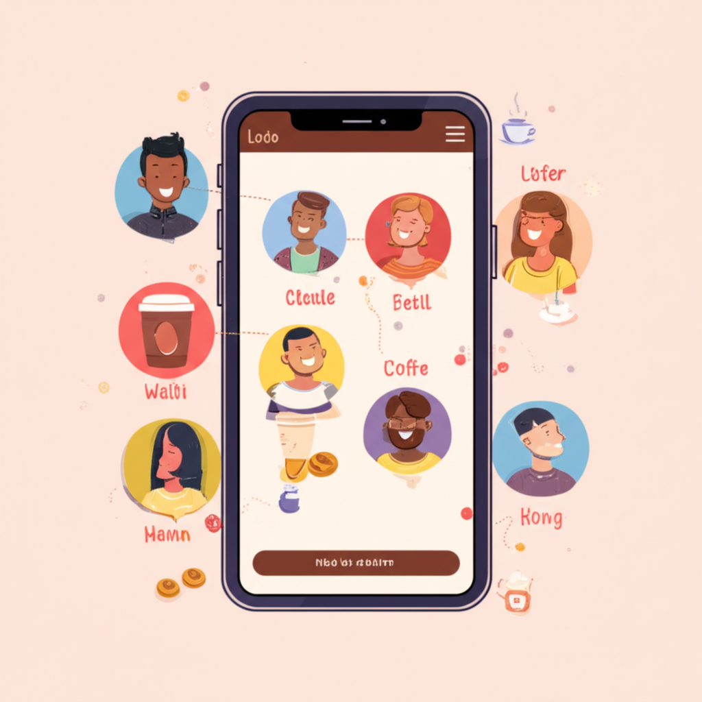 Illustration of diverse people from Taiwan and Hong Kong connecting on CMB dating app with coffee and bagels