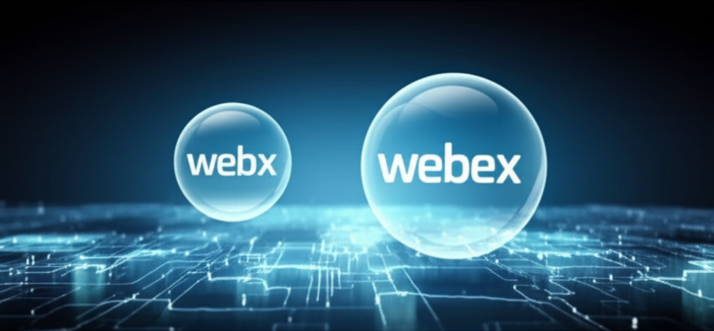 兩個獨立數位球體插圖,一標 WebX 另一標 Webex,在數位轉型景觀中浮現,強調相似名稱下的概念差異