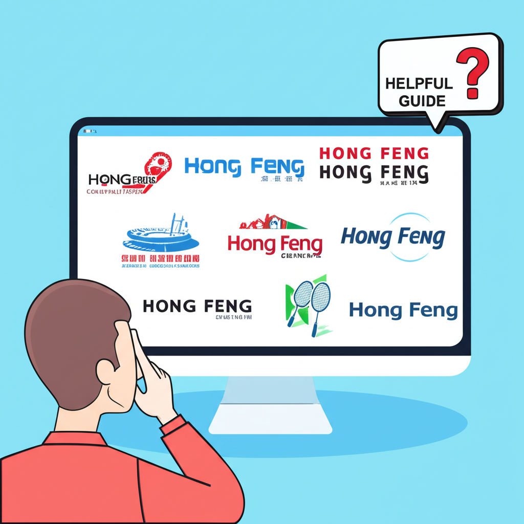 一位使用者在電腦前困惑地搜尋，螢幕顯示多個名為鴻豐的企業標誌，涵蓋體育、建設、房地產和空調工程等產業，象徵數位時代的多元概念，並有指引手冊出現