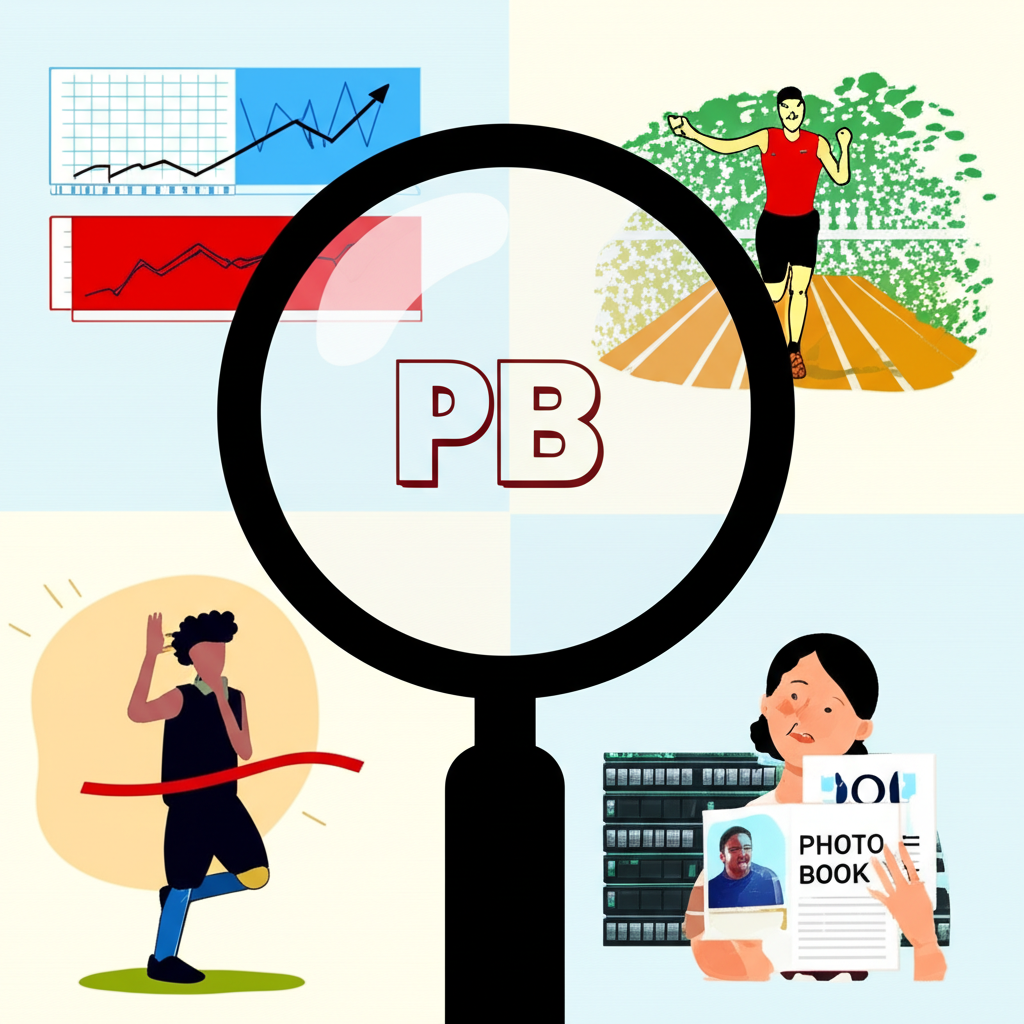 放大鏡檢視 PB 不同含義的插圖，包括股票圖表、跑者衝線、伺服器和粉絲手持寫真集