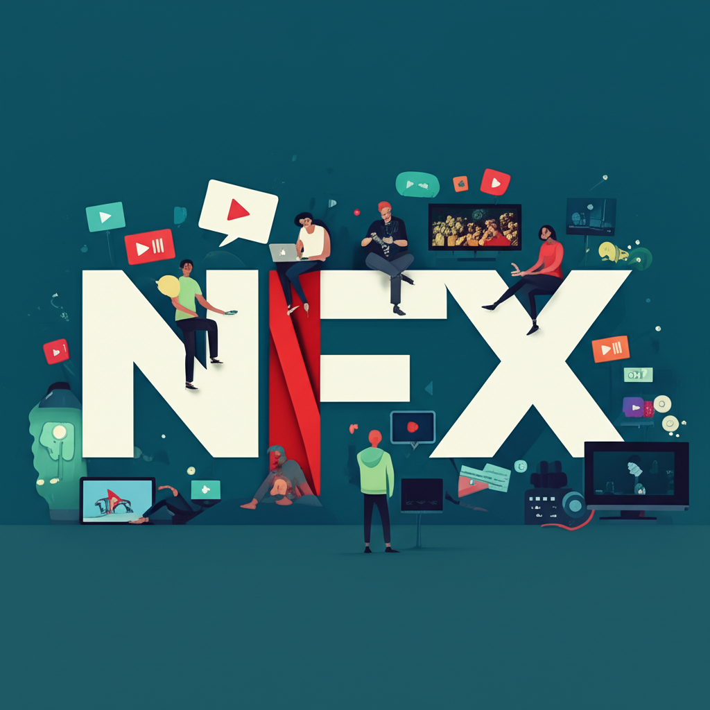 NFX標誌轉變為Netflix圖像，周圍環繞串流圖標與觀眾，代表最常見的娛樂聯想