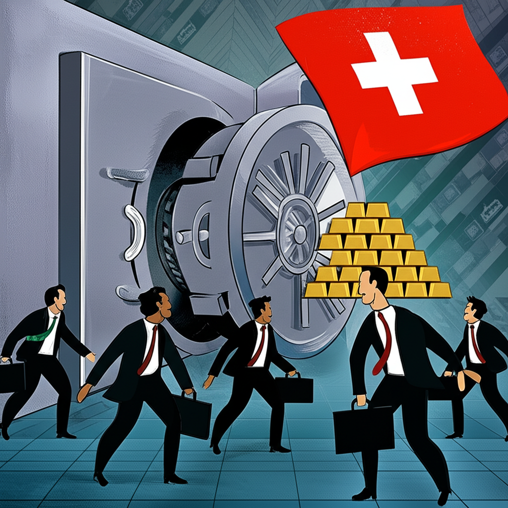 瑞士銀行金庫與投資人避險圖，象徵政治中立與經濟穩定