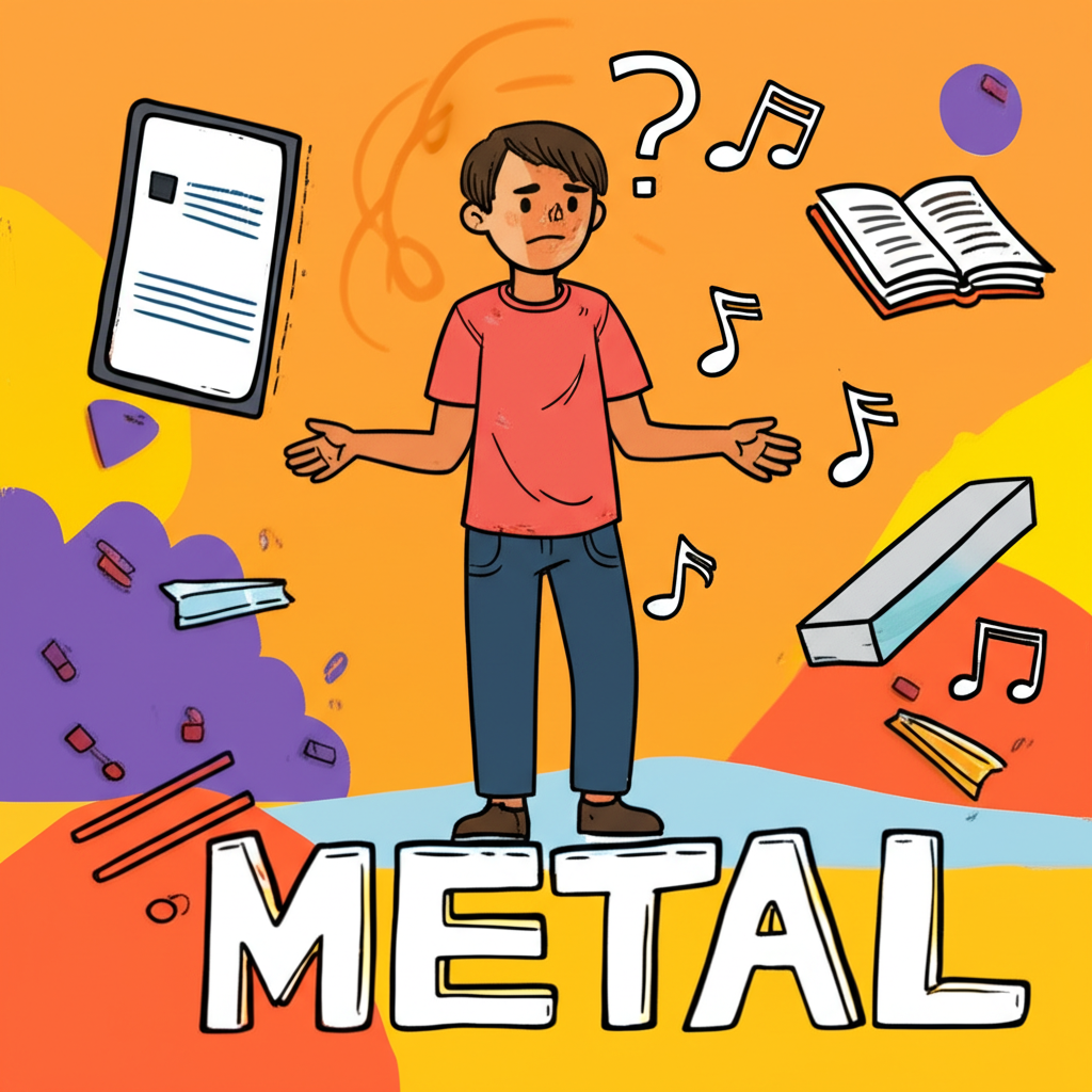 一位困惑於 metal 單字的人,周圍環繞手機、音樂符號和金屬條的教育插圖
