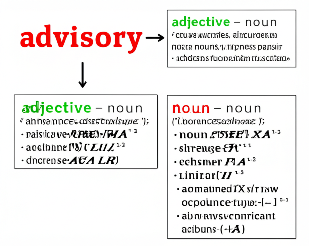 字典條目插圖，展示 advisory 的定義，分為形容詞與名詞兩大分支，箭頭標示其語法轉換與語義延伸的彈性