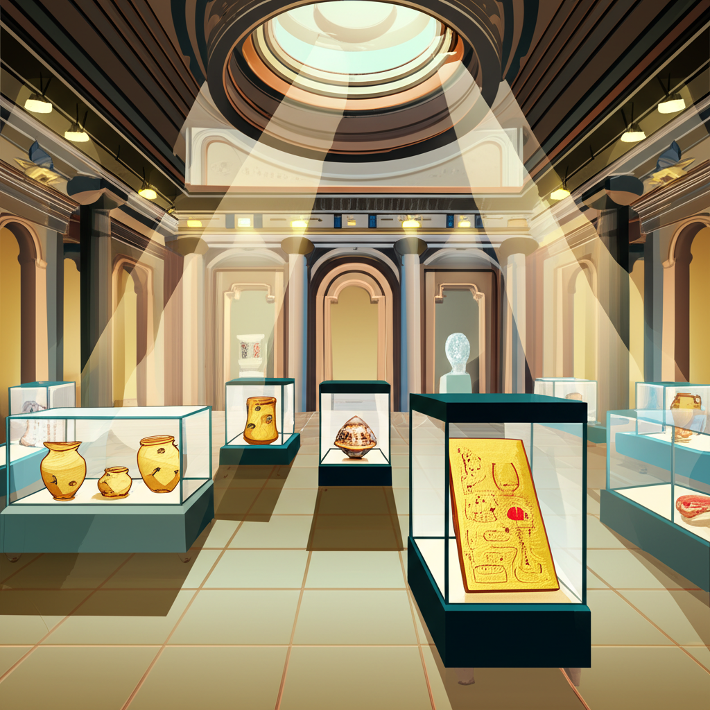 博物館大廳展示古代文物與珠寶,強調珍貴與歷史意義