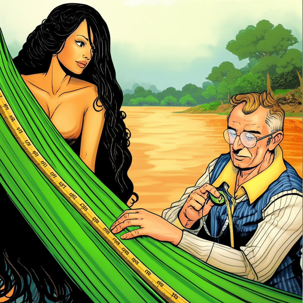 An illustration of a beautiful woman with long flowing hair next to the vast Amazon River with a tailor carefully measuring a long roll of fabric emphasizing physical length