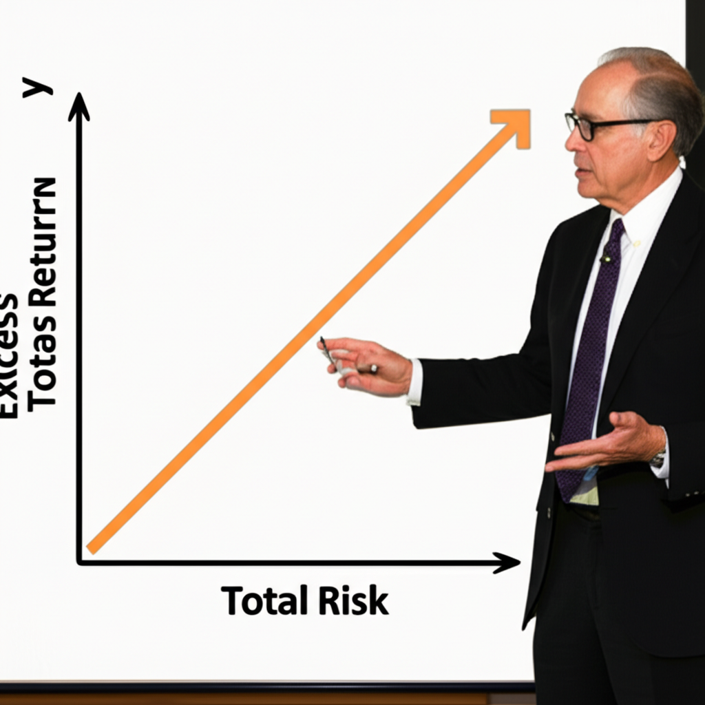 An illustration of William F Sharpe presenting a chart with a clear line showing excess return per unit of total risk a fundamental concept for evaluating investment performance and efficiency for long term growth