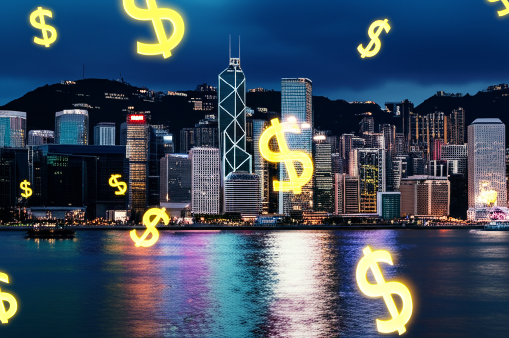 香港天際線與港幣符號浮動插圖，象徵其作為全球交易貨幣與穩定金融資產的地位