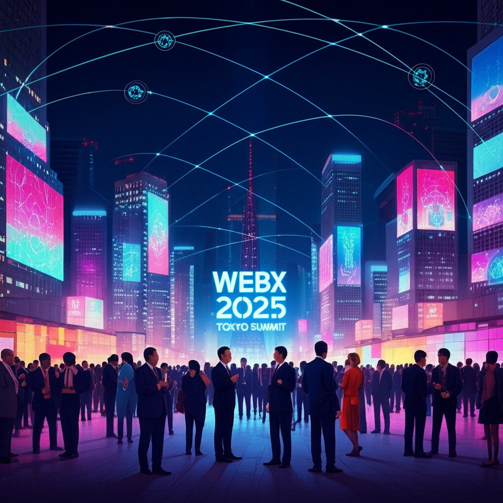 未來城市景觀插圖,展示 Web3 技術的數位連結,包括區塊鏈、元宇宙和去中心化應用,全球領袖與創新者齊聚 WebX 2025 東京峰會