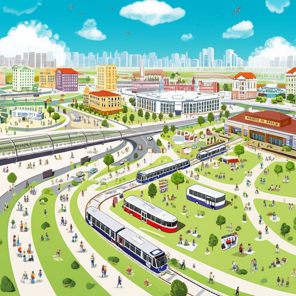 微笑歐洲周邊熱鬧社區插圖，包含繁忙捷運站、各種公共交通、購物中心、學校和綠地公園，強調便利的城市生活