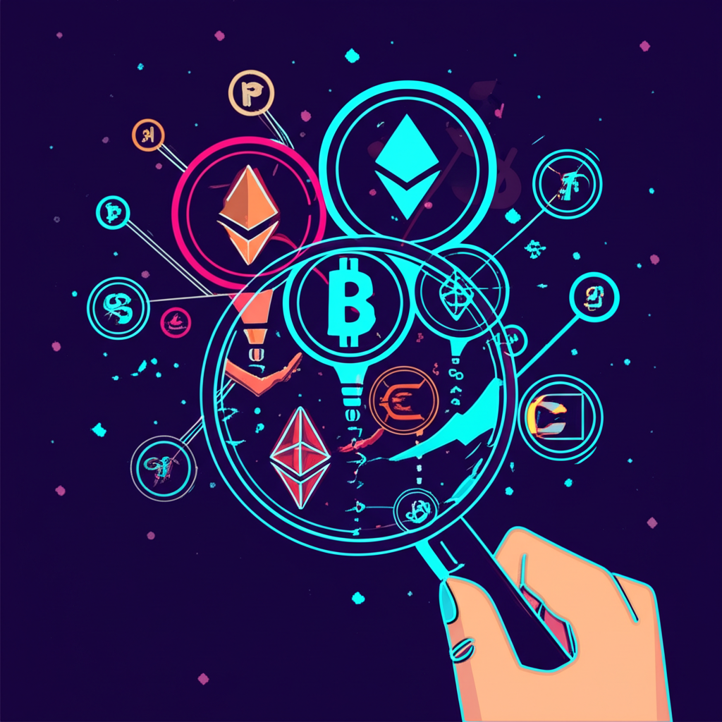 一位人士手持放大鏡檢視複雜金融生態,包含虛擬加密符號和傳統股票外匯圖標,代表對鎖倉概念的全面分析以做出明智投資決策的插圖