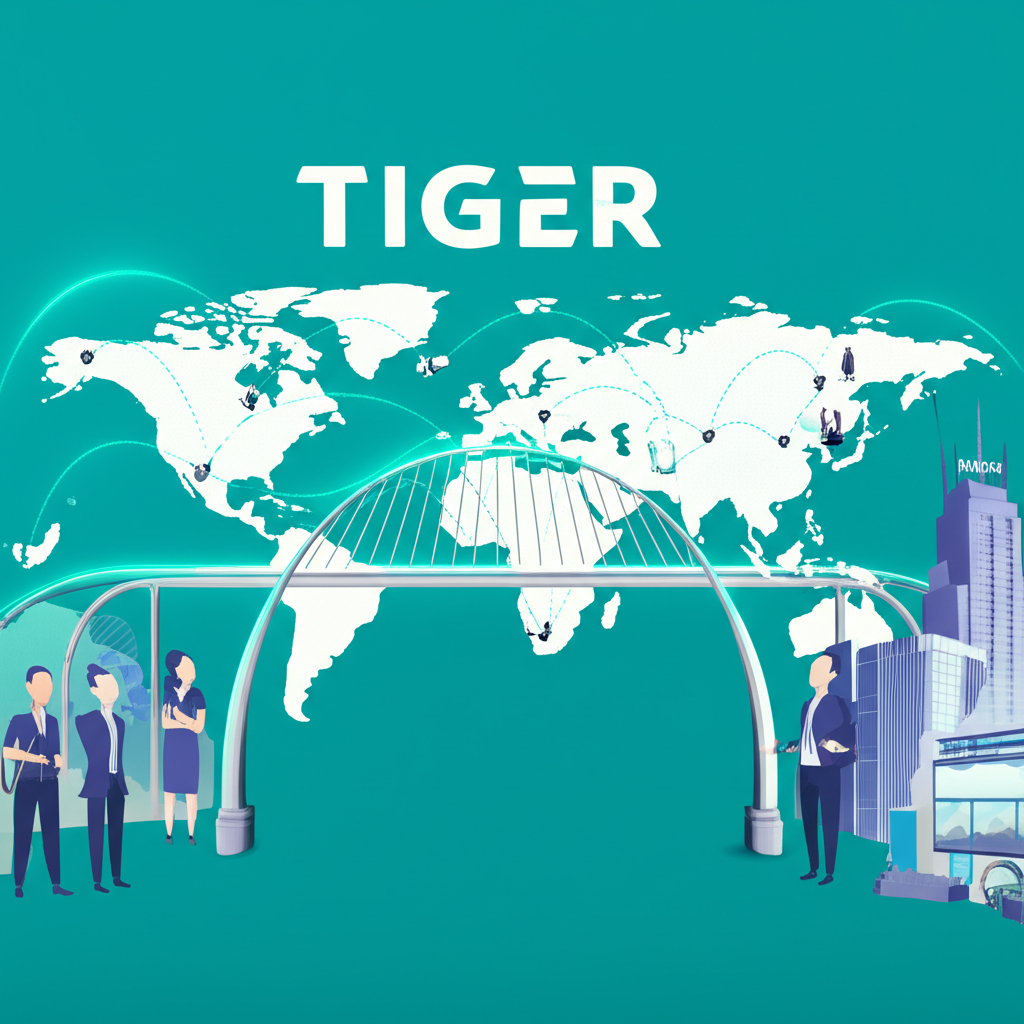 UP Fintech Holding Limited (TIGR) 從紐西蘭成立到2019年納斯達克上市的成長歷程圖，象徵透過技術創新連接全球投資者與金融市場的橋樑