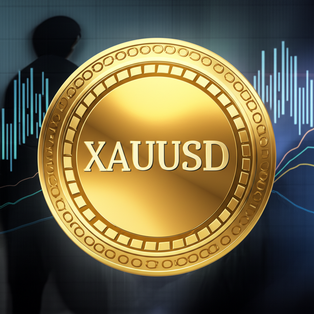 An illustration of a golden coin with XAUUSD written on it surrounded by abstract financial charts and a shadowy figure lurking in the background representing risk and fraud in a global market setting